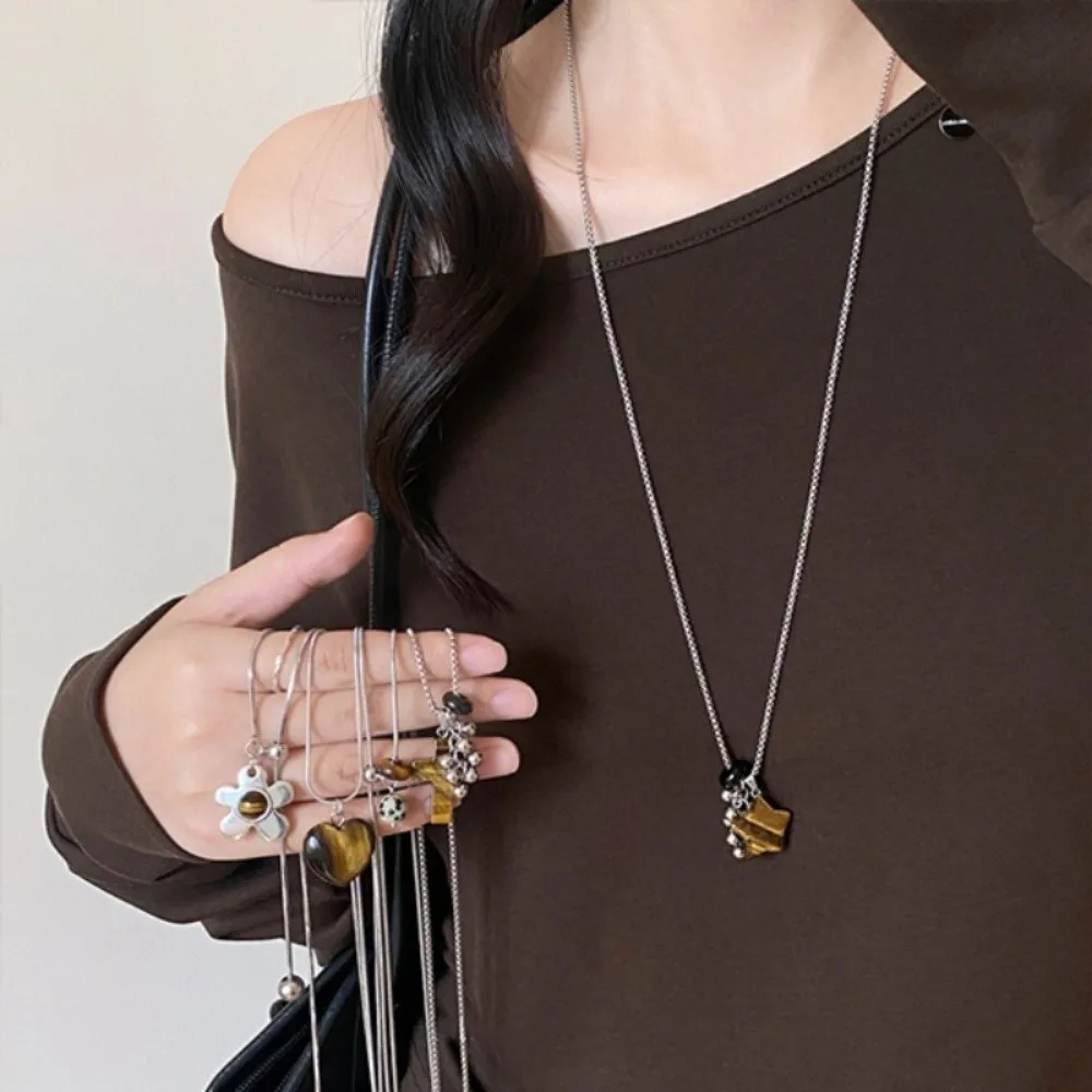 Multi-layered Punk Choker Adjustable Tiger Eye Stone Pendant Necklace Star Flower Bohemian Sweater Chain For Women