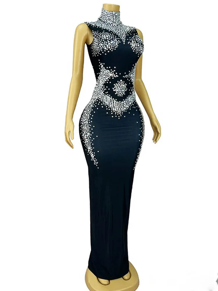 High Quality Rhinestone Elastic Hip Hugging Black Dress 2024 New Fashion Custom Women'S Clothing