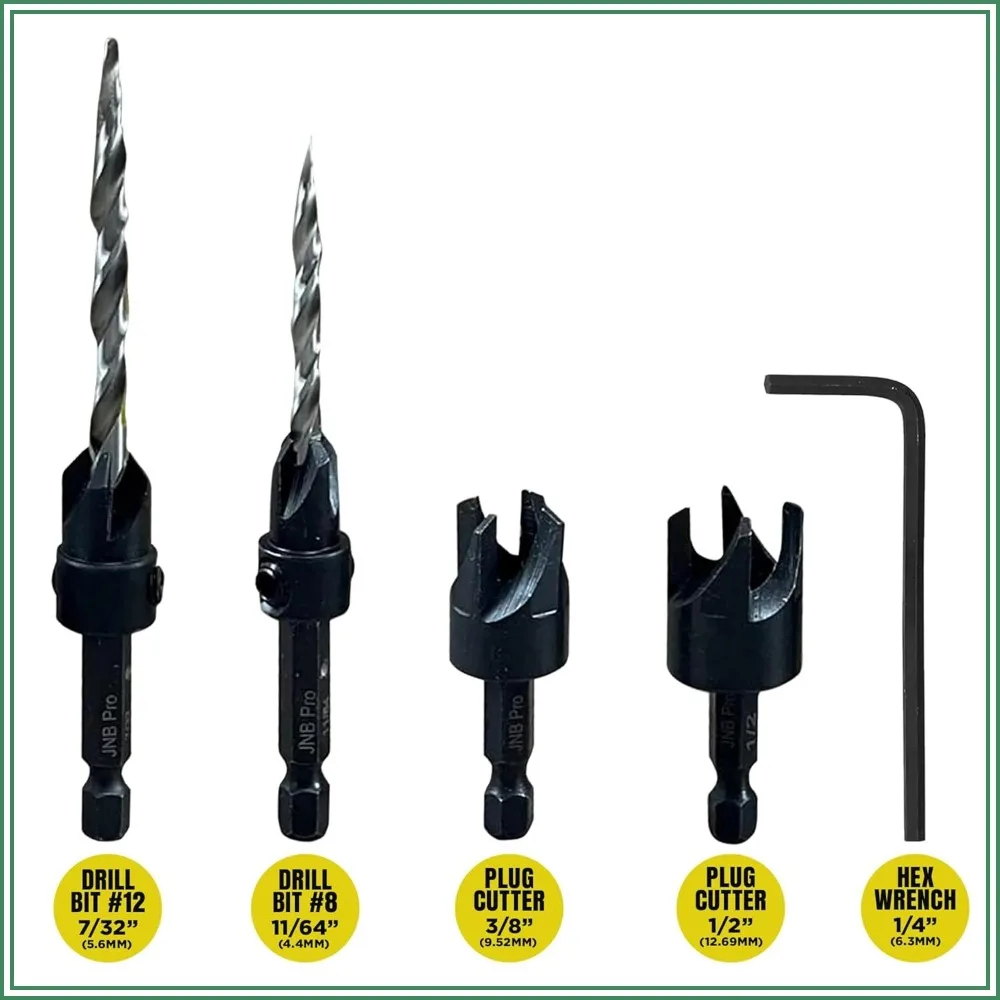 

Adjustable Countersink & Plug Cutter Set - 2pc HSS Bits #8 #12, 2pc Wood Plug Cutters 3/8" 1/2", Hex Shank, Black Oxide