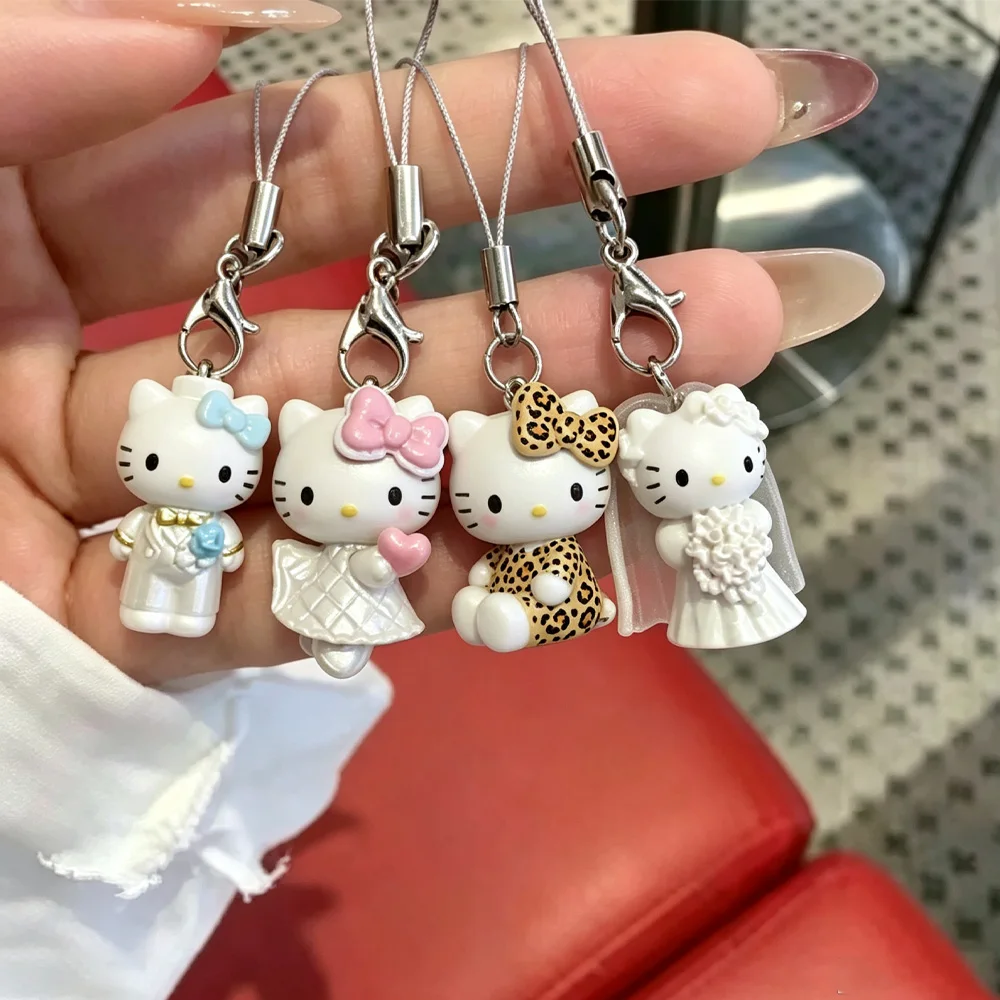 Cute 3D Hello Kitty Phone Charm Keychain Kawaii Wedding Leopard Print KT Cat Pendant Bag Hanging Ornament Girl Birthday Gift
