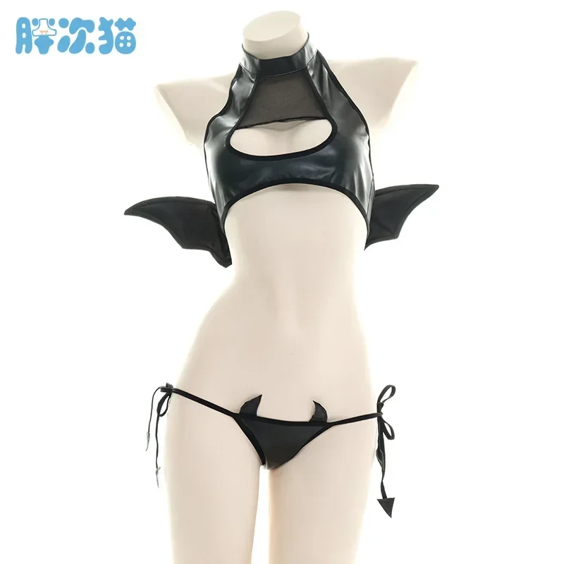 Japanese Womens Devil Cosplay Costumes Sexy Hollow Out Tank with Wings Punk Lolita Anime Bikini Set Wholesale E