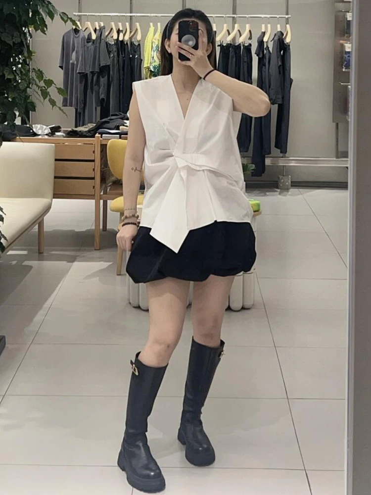 

Casual Versatile Women's irt Summer 2025 South Oil High-End Faion Pleated V-Ne Design Polyester Fiber Straight Cut