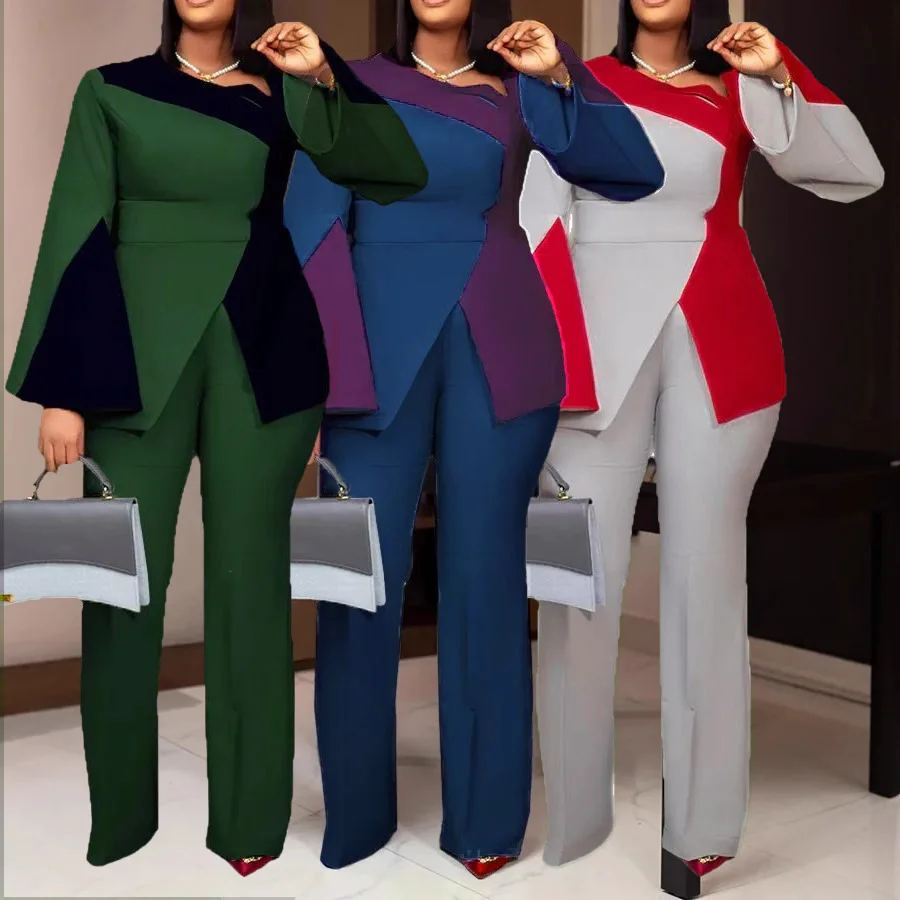 

BWQ Women Suit Set 2 Piece Blazer+Pants Trousers Fashionable Colorblock Blazer for Women Slim Office Lady Outerwear Coat