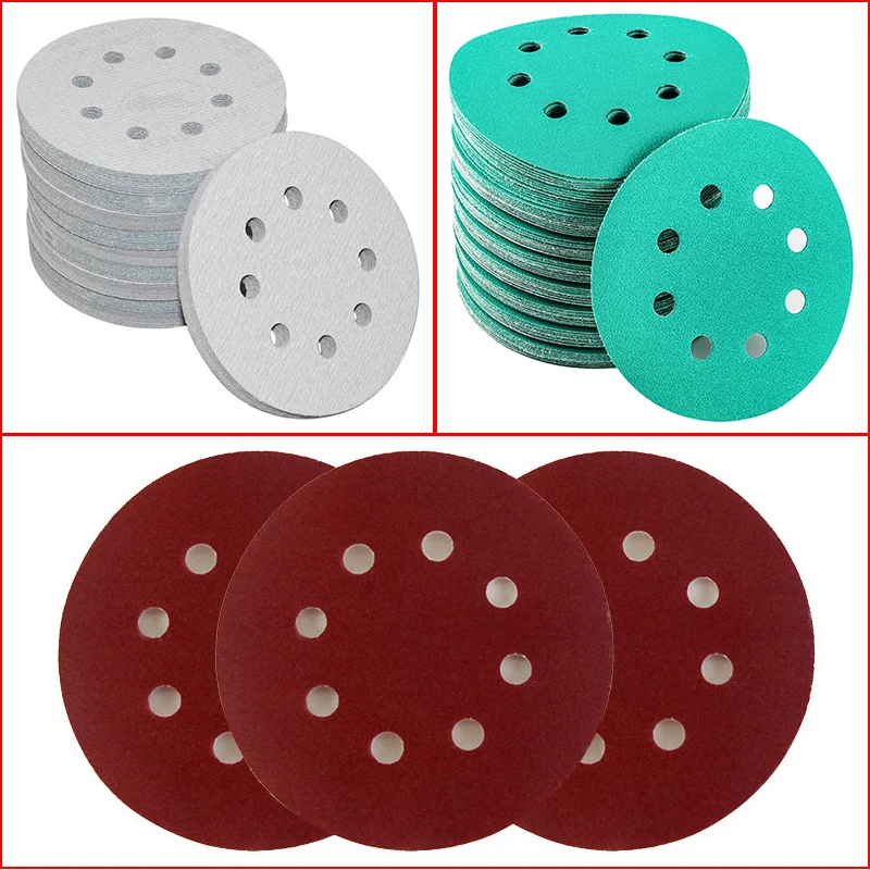 

100Pcs 125mm 8 Hole Abrasive Paper And Grinding Disc. 5" Round Flocking Dry Sanding Paper. Cars Dry Grinding Polishing Sandpaper