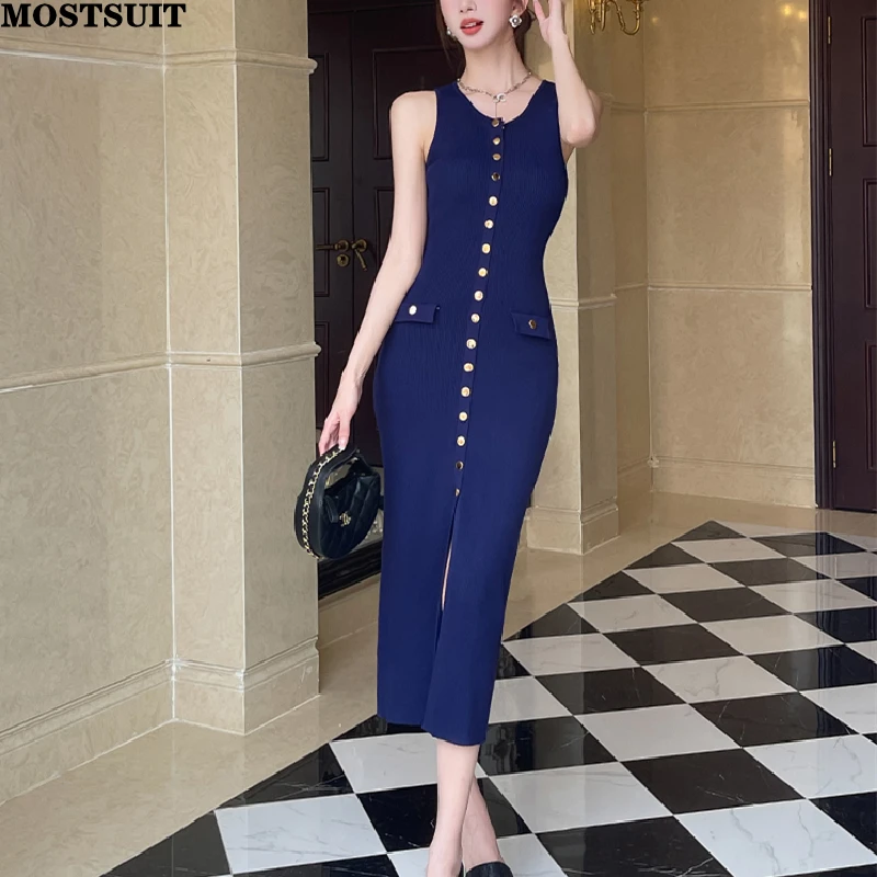 

2025 Summer Slim Knit Long Dress Women Sleeveless Single-breasted Split Dresses Elegant Sexy Fashion Ladies Vestidos Mujer