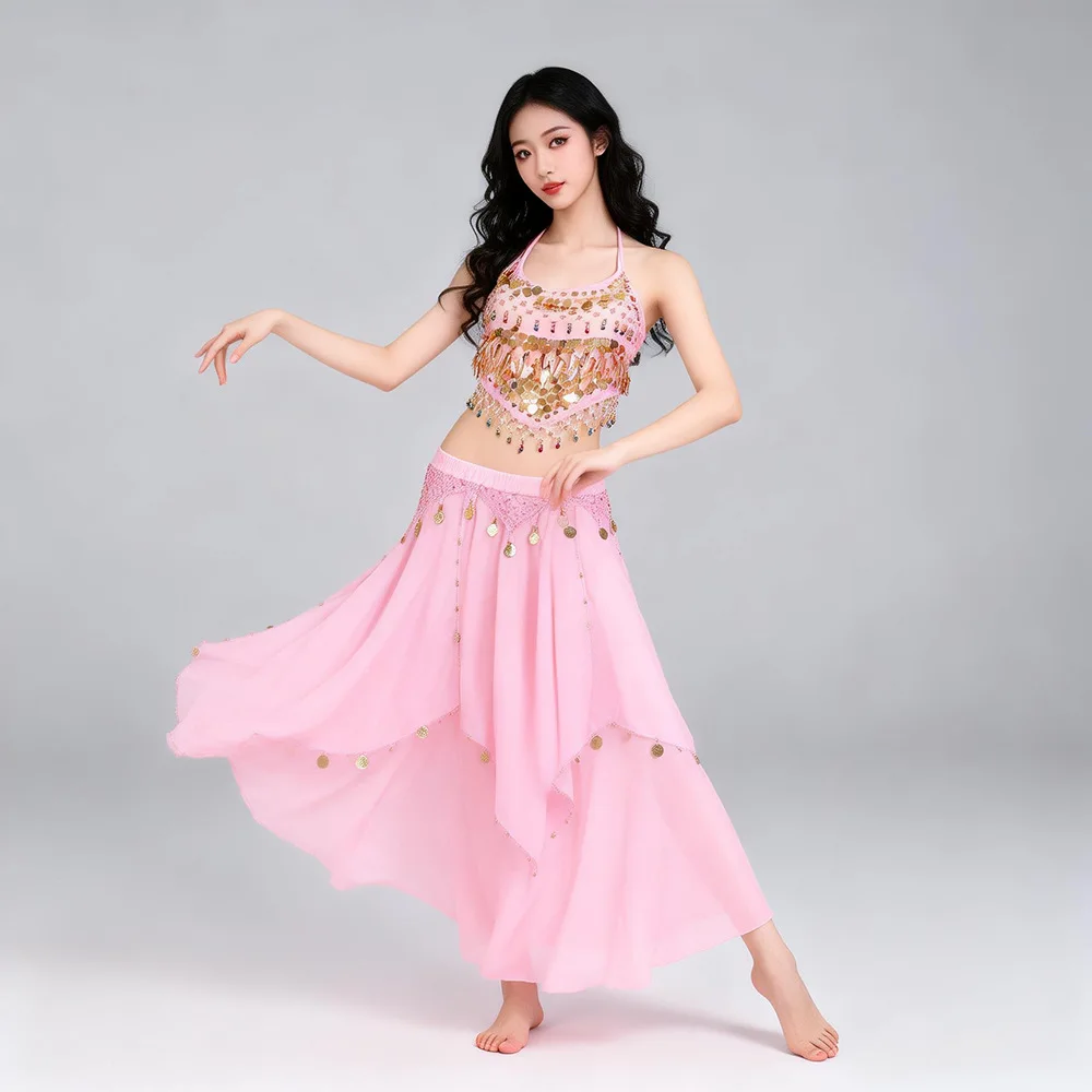 THEEPER Women Belly Dance Lesson Wear, Sequined Coin Top Irregular Long Skirt Oriental Dance Outfit, Belly Dance Practice Suit