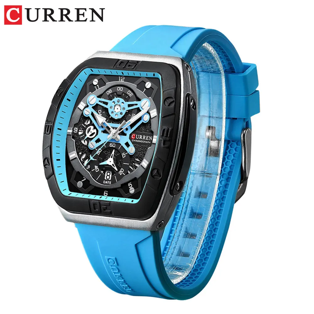 CURREN Creative Fashion Multifunctional Rectangle Quartz Watches New Casual Silicone Strap Men\'s Wristwatches