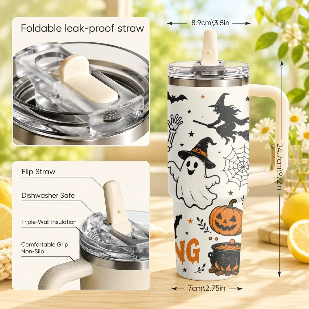 Happy Haunted House Vacuum Flasks 40oz Stainless Steel Tumbler with Handle Straw Lid Vacuum Insulated Double Wall Leak Proof