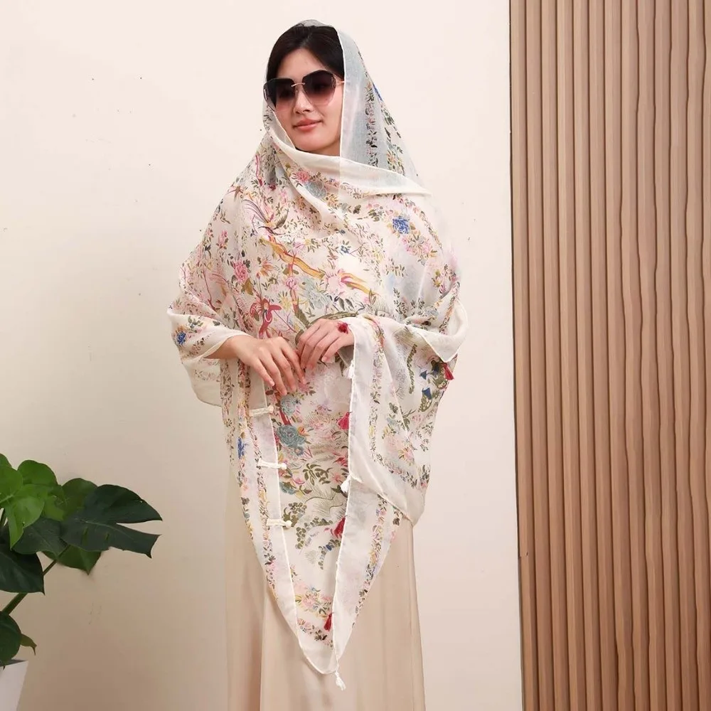 

Sweet Breathable Women Floral Scarf Frog Button Tie-dye Thin Large Shawl Lightweight Long Sunscreen Headscarf Gift