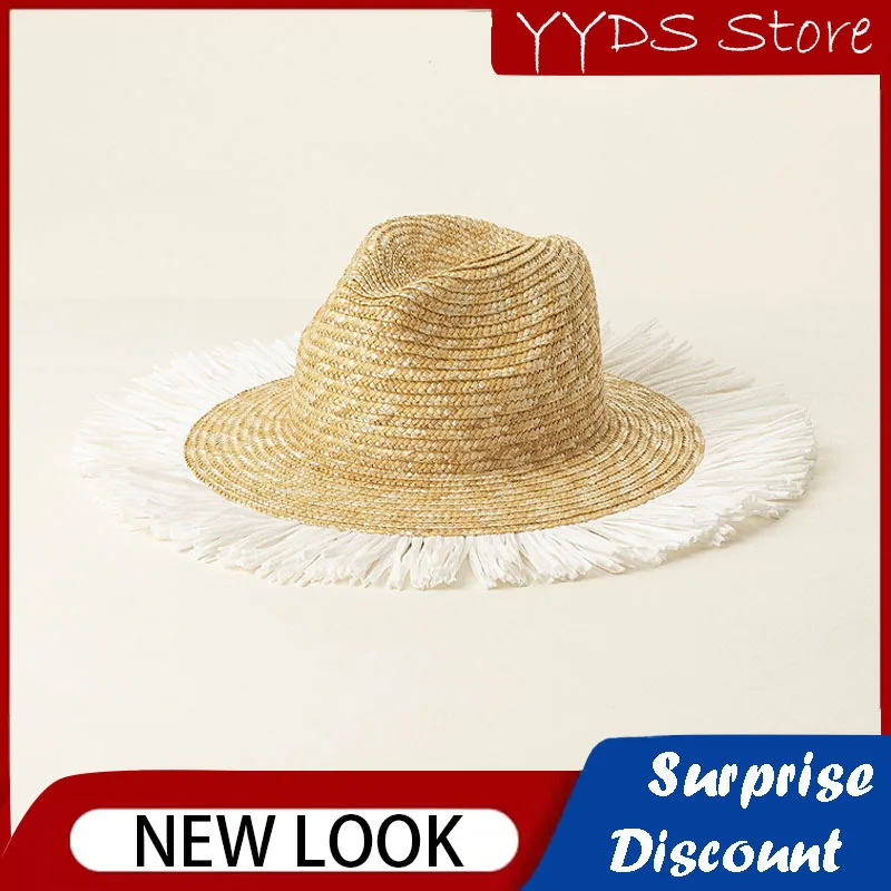 Children Straw Hat with Fringed Straw Straw Big Brim Hat Beach Straw Hat Beach Travel Natural Raffia Panama Beach Straw Sun Hat