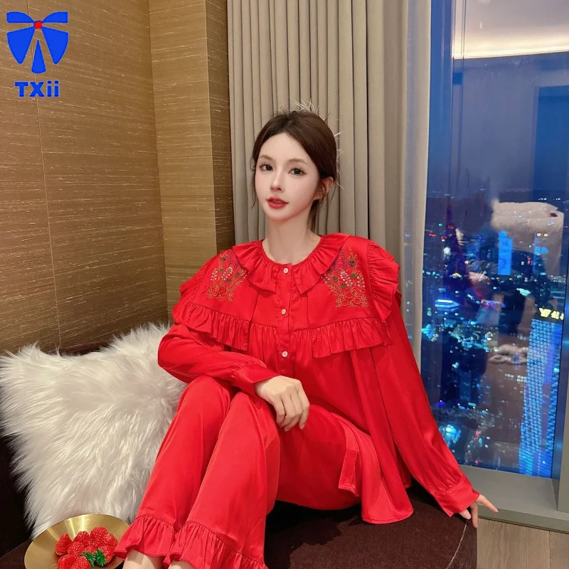 TXii Newlook Palace Style Girl Ice Silk Jacquard Autumn New Pajamas Women\'s High-end Bow Long-sleeved Home Clothes solid color