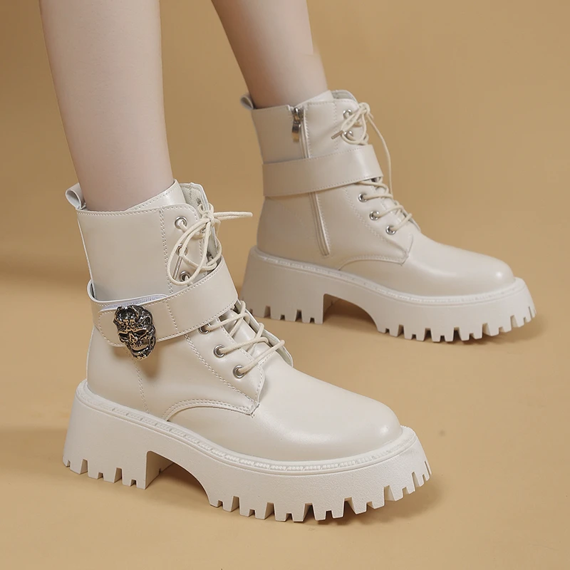 Women Shoes 2023 High Quality Lace Up Women Boots Winter British Style Round Toe Short Barrel Chunky Heels Zipper Fashion Boots