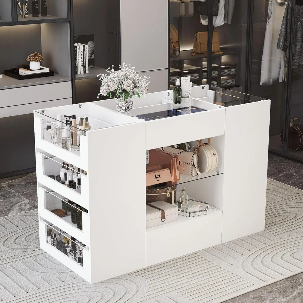 White Dresser for Bedroom,Glass Top and Jewelry Display，Chest of Drawers with Glass Shelf, Closet Island with Drawers Wardrobe