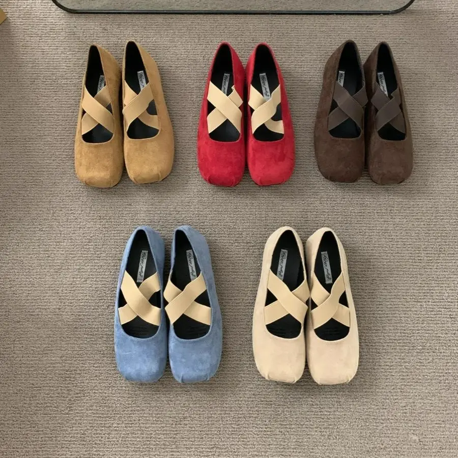 Bailamos Women Flats Elastic Cross Ballet Shoes Suede Single Shoes  new Retro everything Soft soled Mary Jane Casual shoes Mujer