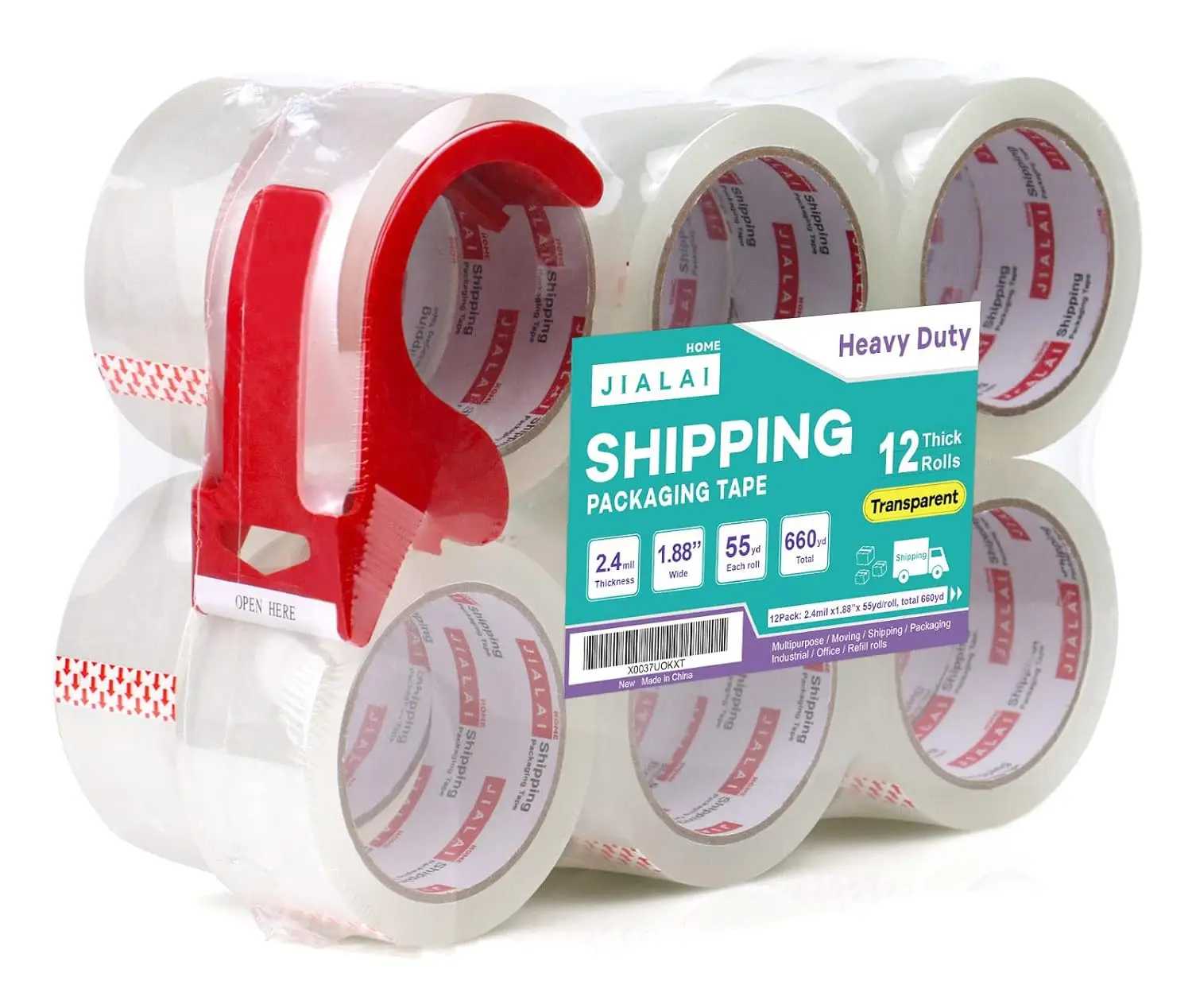 

12 Rolls Clear Packing Tape, Heavy Duty Packaging Tape with Dispenser,1.88In x 55Yd,2.4Mil Thick Industrial Grade Transp