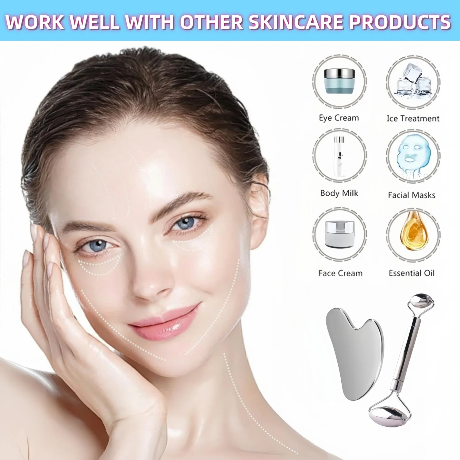 Stainless Steel Facial Roller and Gua Sha Massage Tool Set Metal Beauty Tools for Body, Face, Neck and Eyes