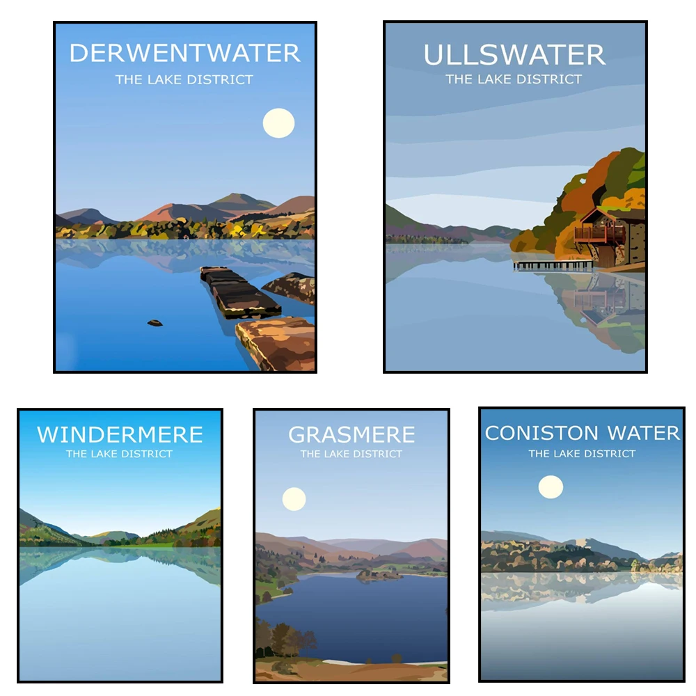 Windermere, Ullswater, Coniston Water, Derwentwater, Grasmere, Lake District Tourism Landscape Art Poster,