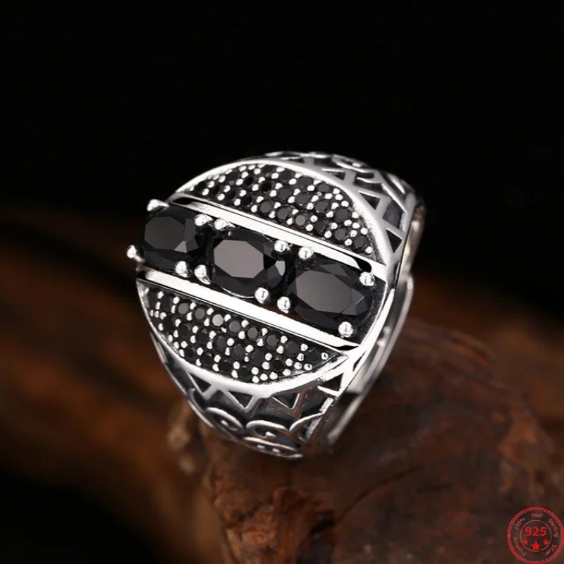 S925 Sterling Silver Charms Rings for Men Women Retro Eternal Rattan Inlaid Tangent Plane Zircon Fashion Jewelry Wholesale ﻿