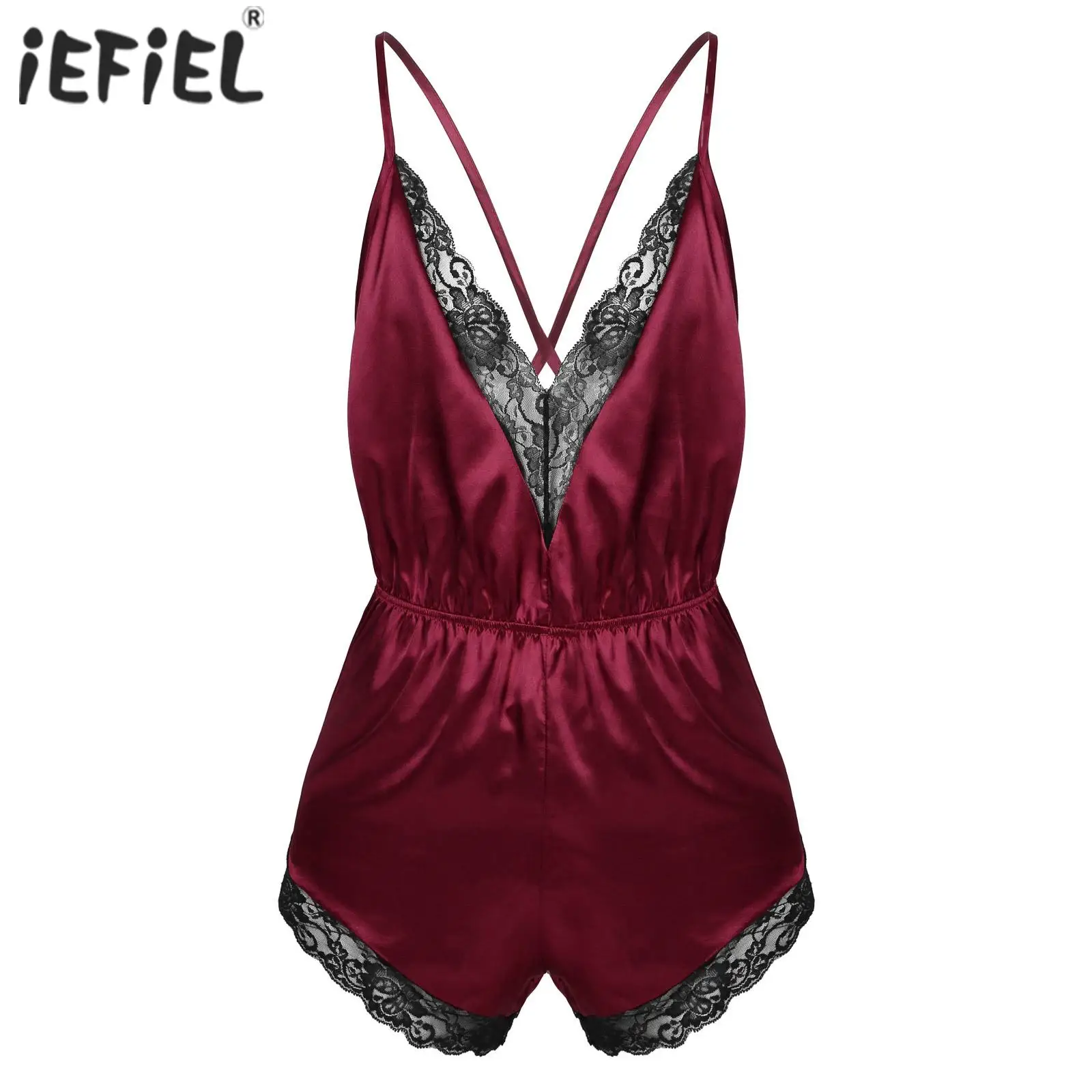 Mens One-piece Sleepwear Lingerie Babydoll Spaghetti Strap Lace Trimmed Jumpsuit Satin V-neck Pajamas Sleepwear Nightwear