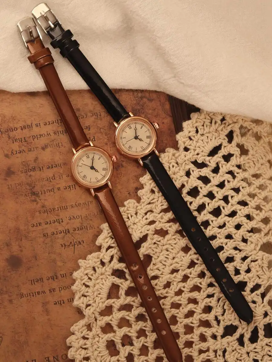 2pcs Retro Casual Elegant Women's Belt Watch Fashionable And Exquisite Round Dial Suitable For Daily Wear And Other Occasions