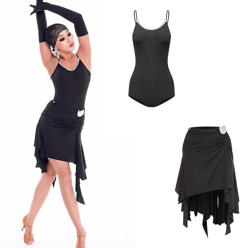

New Adults DUYQ Women Latin Dance Practice Dress Performance Costumes Strap Top Irregular Skirt Chacha Rumba Latin Dress DN23436