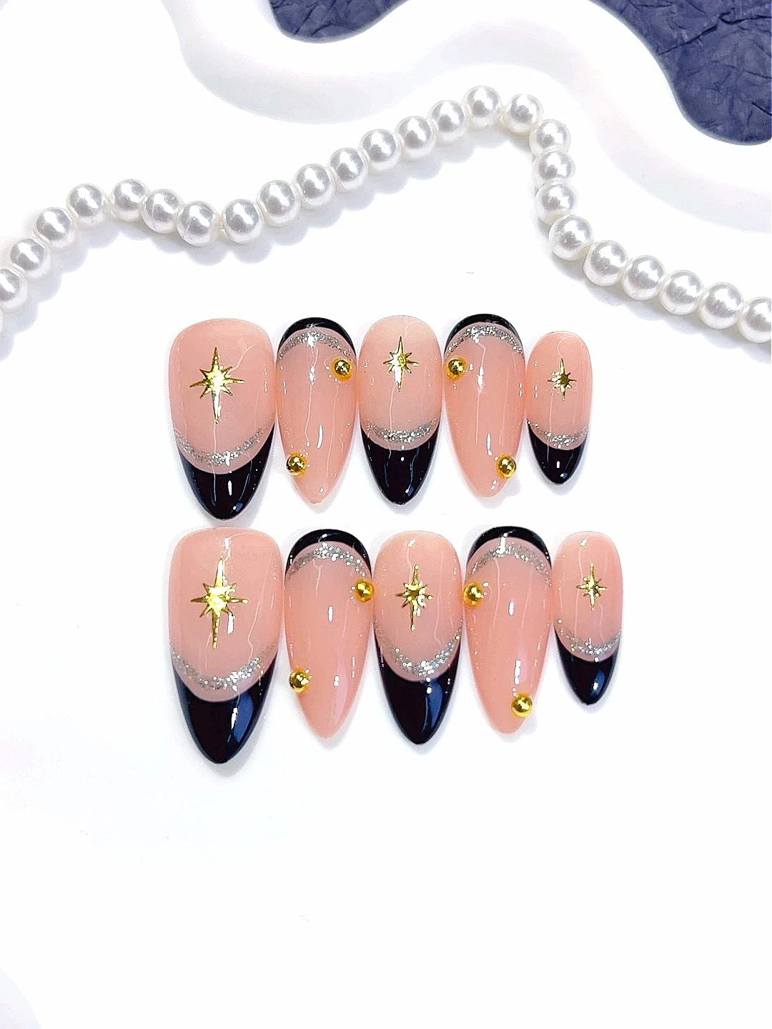 プレスオンネイル - 3D ゴールドスター＆パールラインストーングリッターアクセント手作り付け爪（C450）