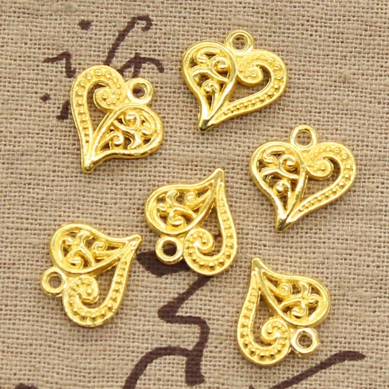 30 piezas de dijes de corazón encantador hueco 15x14mm hecho a mano artesanía colgante ajuste, color plata bronce tibetano Vintage, DIY para collar