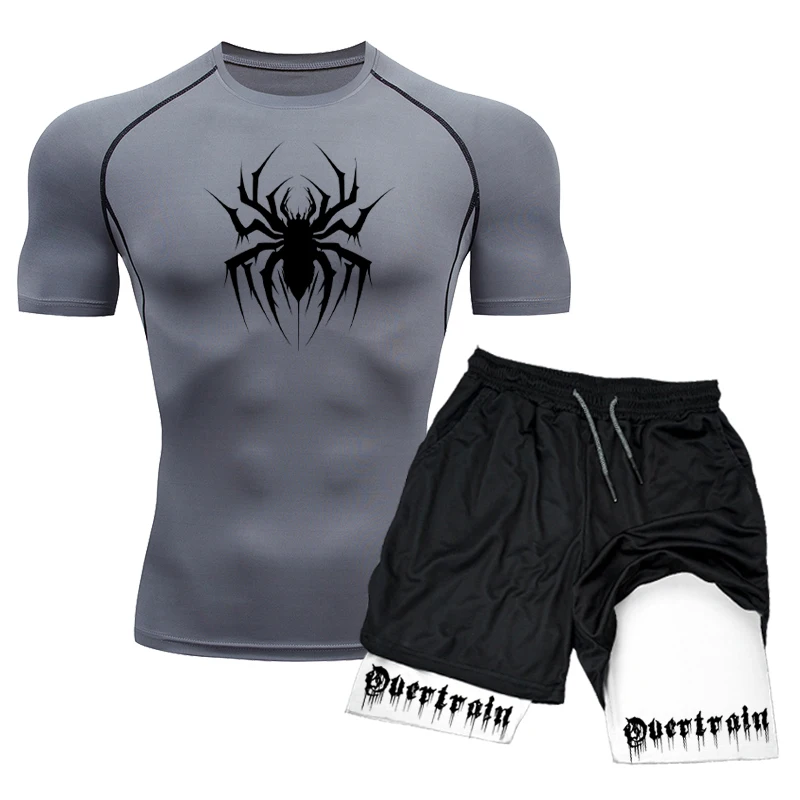 Men\'s Workout Compression Set Y2K Spider Printed Gym Tshirts Breathable Running Shorts Quick Dry Sports Rash Guard Sportwear Set