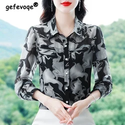 Women's Korean Fashion Print Elegant Button Up Shirt Spring Autumn Office Lady Lapel Blouse Long Sleeve Loose Tops Casual Blusas