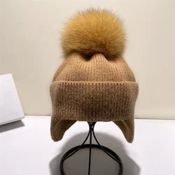 Solid Hat Women Knitted High Quality Ear Flap Wool Cap With Natural Fox Fur Pompom Female Winter Warm Caps