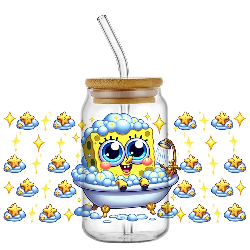 Miniso Cute Cartoon Sponge Design 3D Washable UV DTF Transfer Sticker Waterproof Transfers for 16oz Glass Cup Wrap Stickers