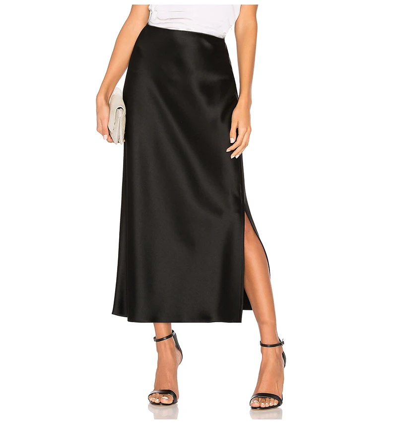 Streamgirl Maxi Solid Slit Skirts For Women Long Elegant Summer Office Champagne Satin Skirts Elastic Waist Women's Summer Skirt