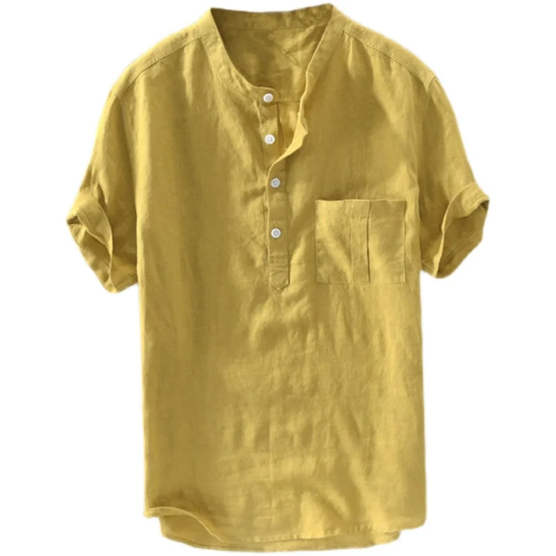 

Men's White Linen Cotton T-irt ort Sve Stand Collar Pure Color Summer irt Youth Trend Stand Fit Chinese Sle