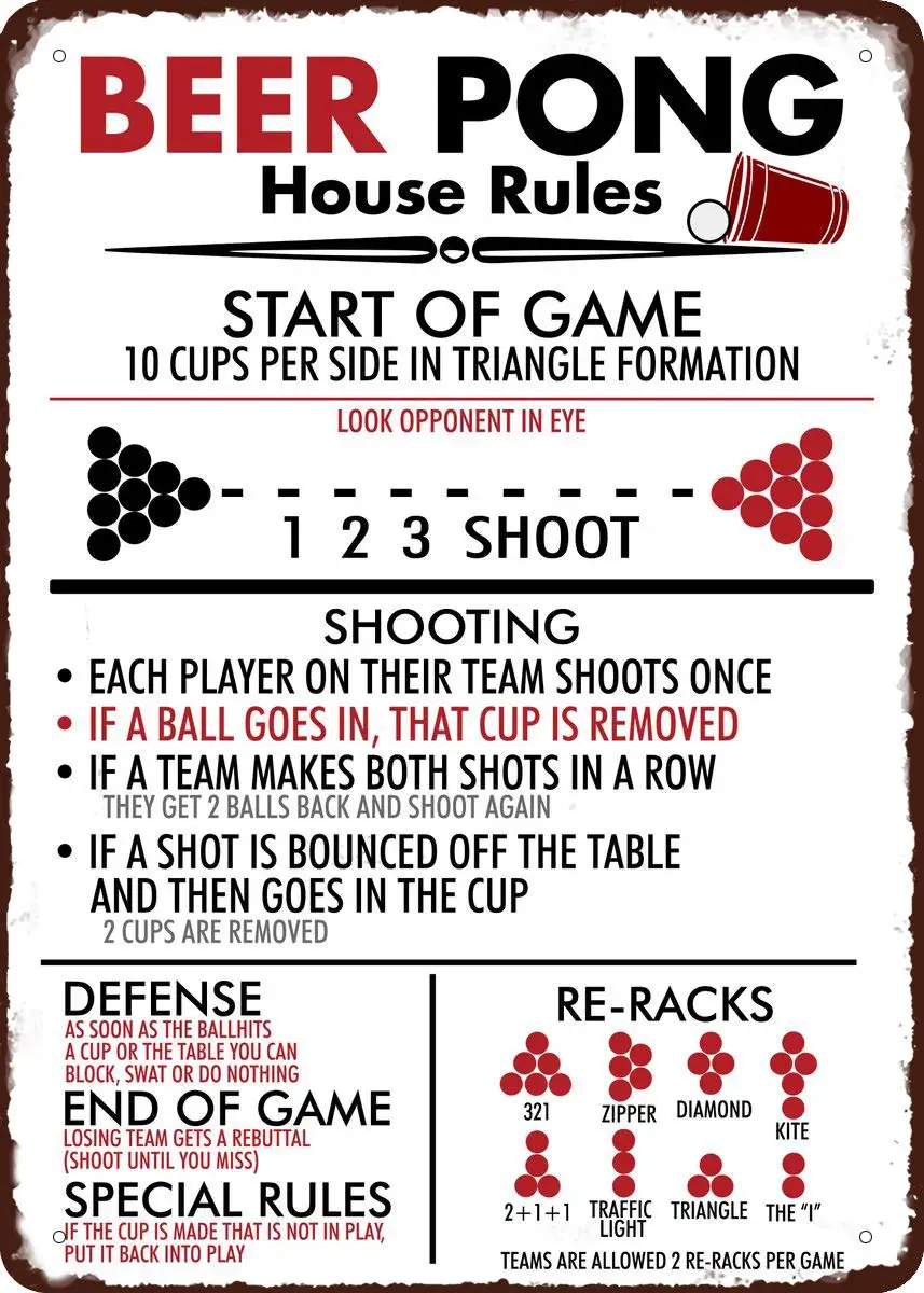 قواعد بيت البيرة بونج 8 بوصة × 12 بوصة لافتة فنية جدارية عتيقة من القصدير المعدني القديم