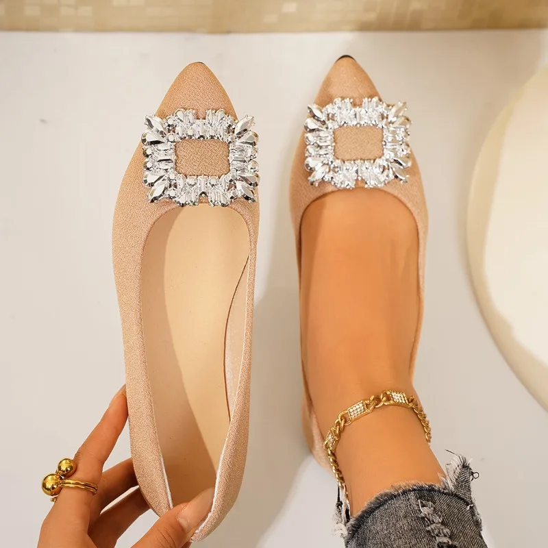 

Women Flats Elegant Pointed Toe Single Style Shoes Fashion Square Rhinestones Versatile Loafers New Lightweight Female Sneakers