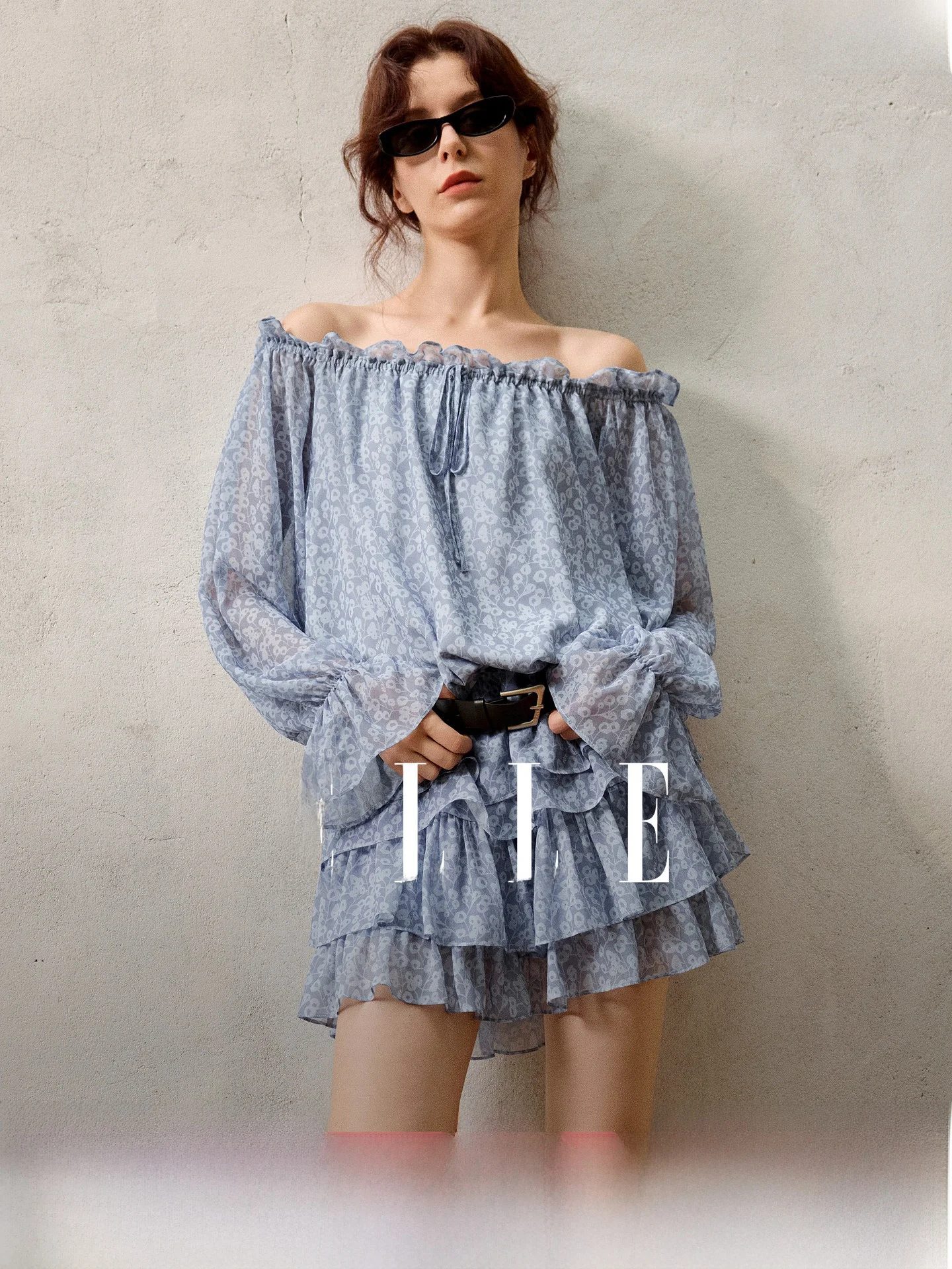 

Elle Summer New Floral Design Gauze Women's Shirt Tie Waist Bell Sleeve Casual Commute Style Long Sleeve Polyester Fiber