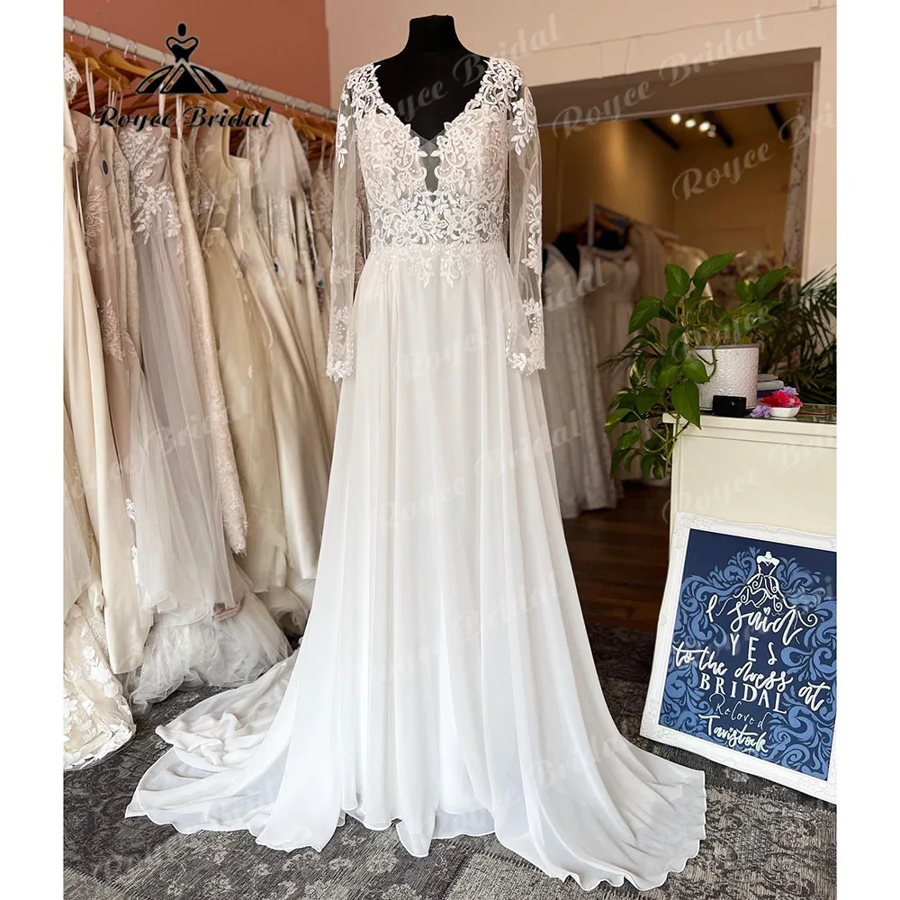 Vintage Long Sleeve Lace Bodice Flowy Boho Wedding Dress with V Neck 2024 Wedding Gown for Bride vestido de casamento Roycebrida