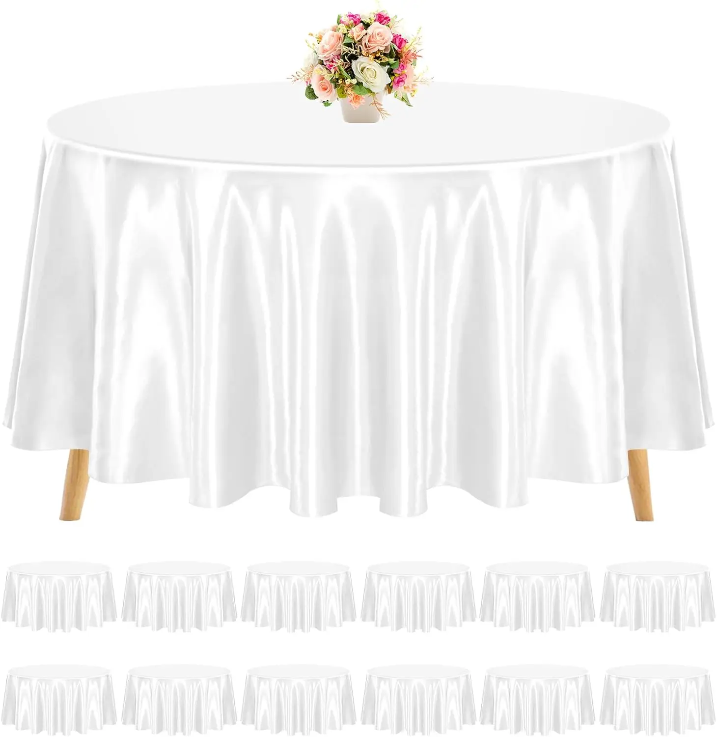 White Satin Fabric Table Cloth for Round Table, Wrinkle Resistant Washable Table Cover Bright Silk Table Clothes for Wedding Par