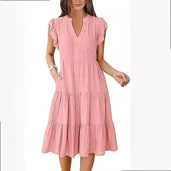 Women V Neck Flounce Sleeve Midi Dress with Pockets, Flowy A-Line Dresses for Spring Summer