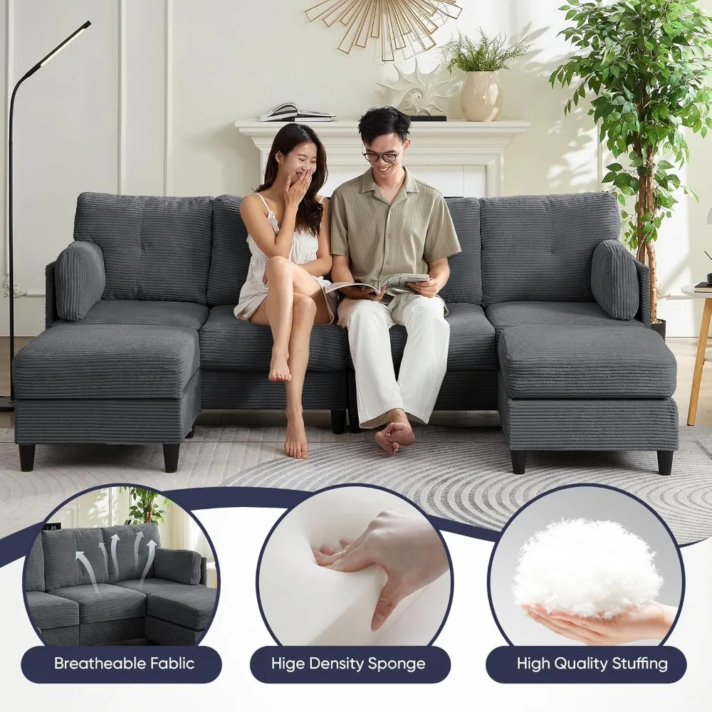 Трансформируемый U-образный секционный диван с 2 пуфиками, 4-местный диван для гостиной, вельветовая ткань, удобное решение для сидения