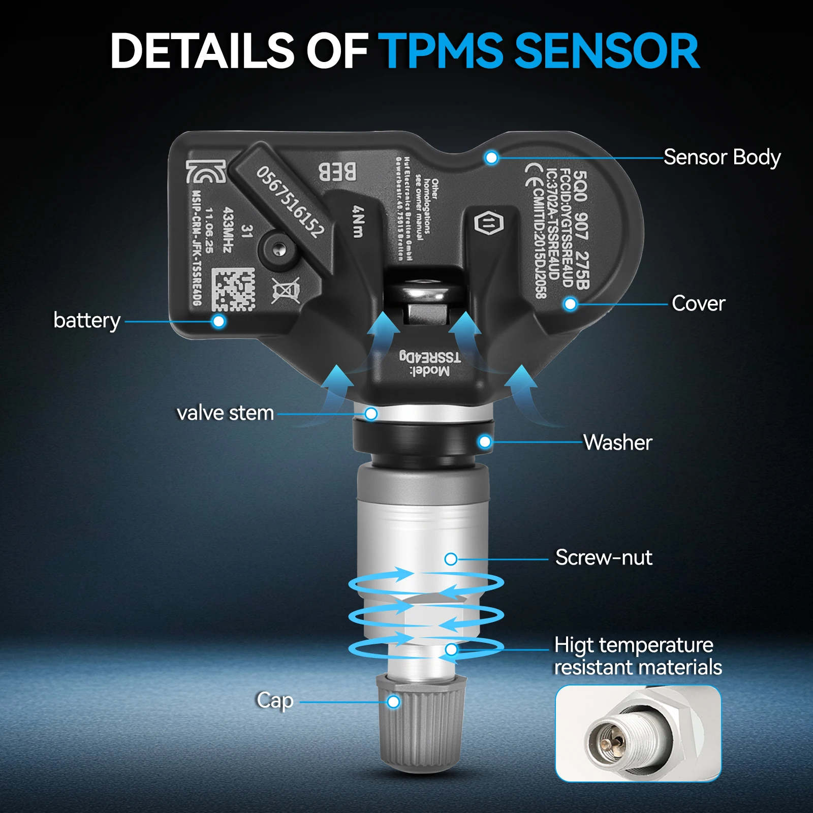 4Pcs TPMS Tyre Pressure Monitor Sensor For Audi Q3 Q5 Q7 TT A6 A7 A8 A3 SQ5 VW Passat Arteon Tiguan Golf Porsche 5Q0907275B