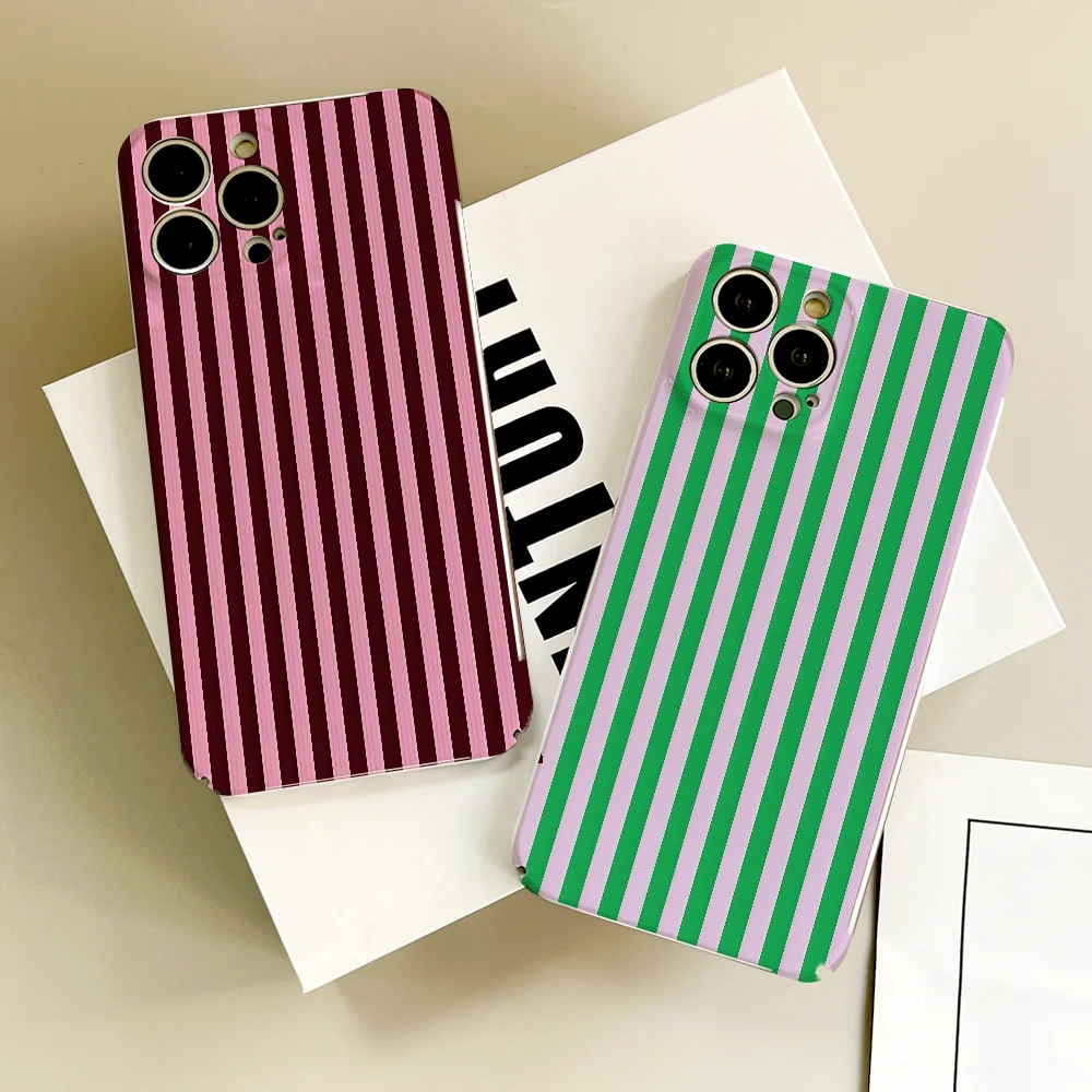 

Pink Cream color Stripe design phone case FUNDA For IPhone 17 16 15 14 13 12 11 Plus Pro Max Mini Glossy HD Hard Cover Film