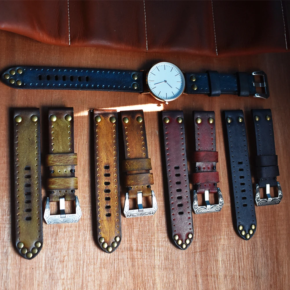 Vintage Leather Watch Strap With Rivets 18mm 20mm 22mm 24mm Classical Watchband With Carved Buckle Handmade Wristband Belts