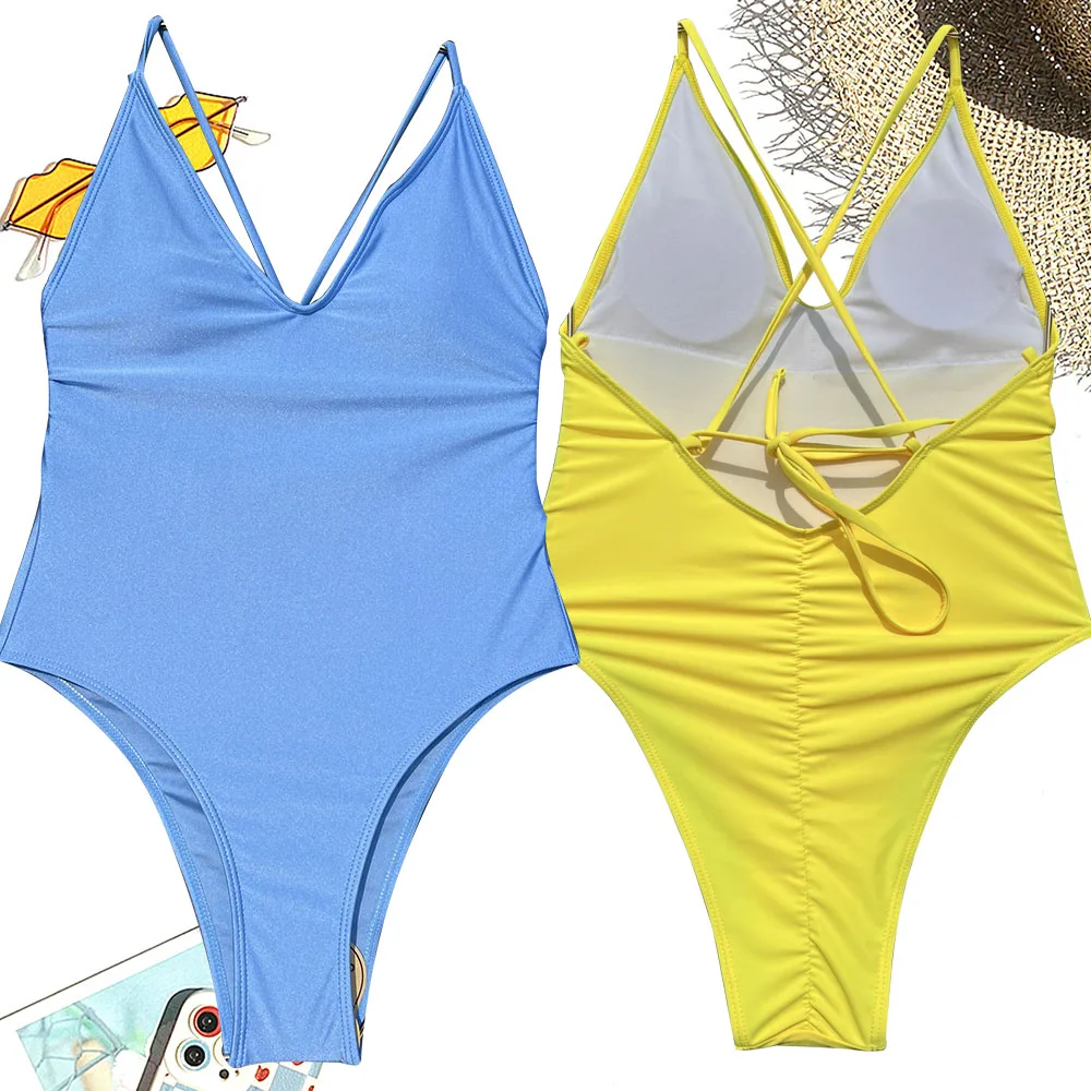 S-XL Solid Shiny Blue Deep V One Piece Swimsuit With Removable Bust Pads, Crisscross Lace Up Back Ruched High Cut Bathing Suit