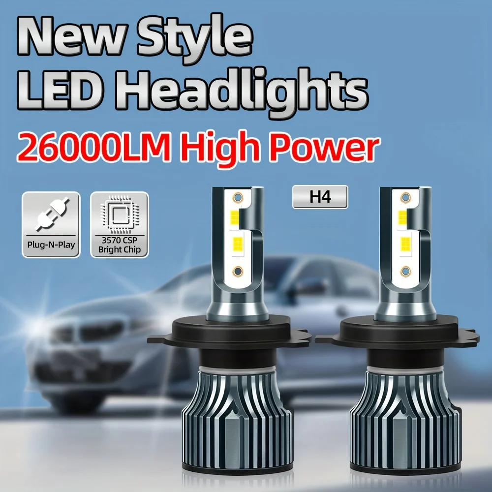 2pcs Bright H4 LED Car Headlights High Low Beam All In One, Ultra-white 6000K, High-Speed Fan, 26000LM 600% Brighter, Small Size