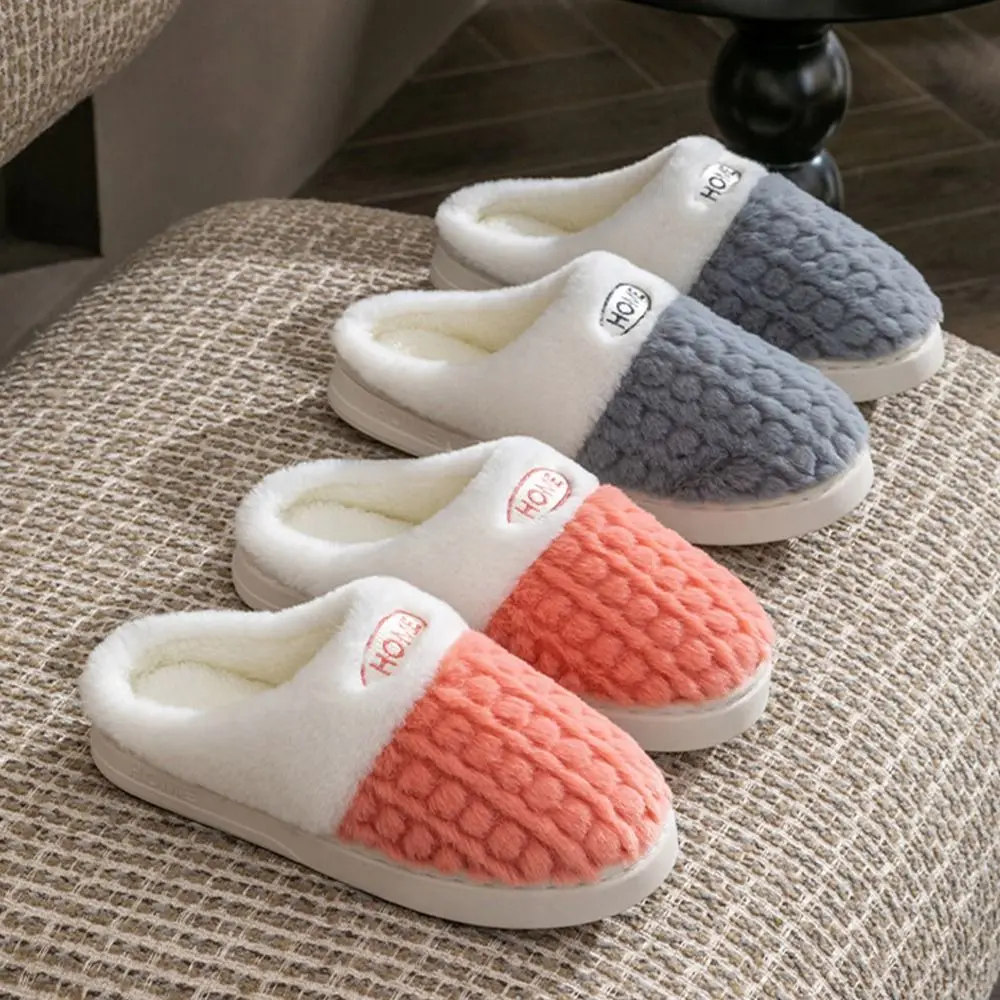 A Pair Fashion Fuzzy Women's Slippers Non-slip Warm Couple Cotton Slippers Soft Winter Flat Shoes Indoor Home