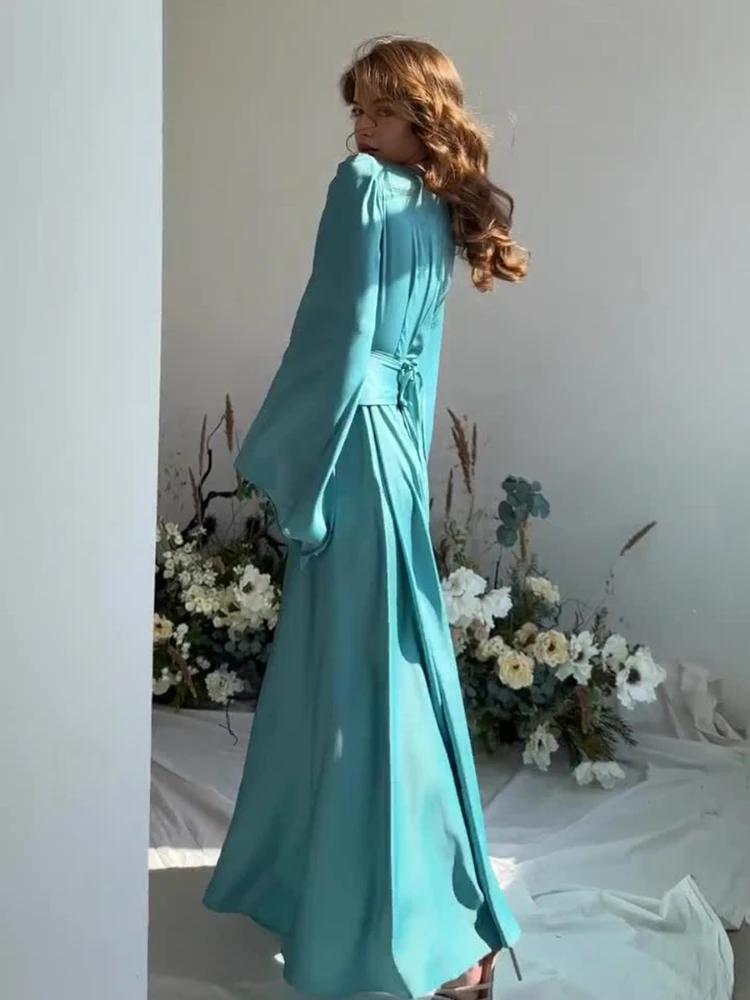 Robe Longue en Satin à Manches Évasées et Col Rond pour Femme, Tenue Élégante et Sexy de Soirée, Nouvelle Collection Printemps 2024