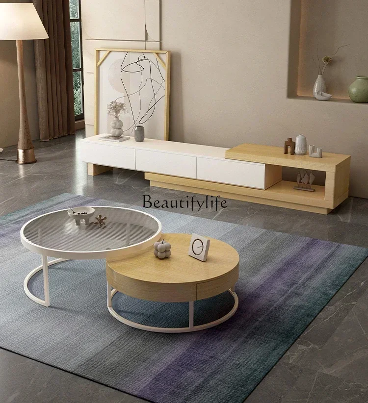 

LJYLog coffee table TV cabinet cream style modern simple floor storage small apartment telescopic