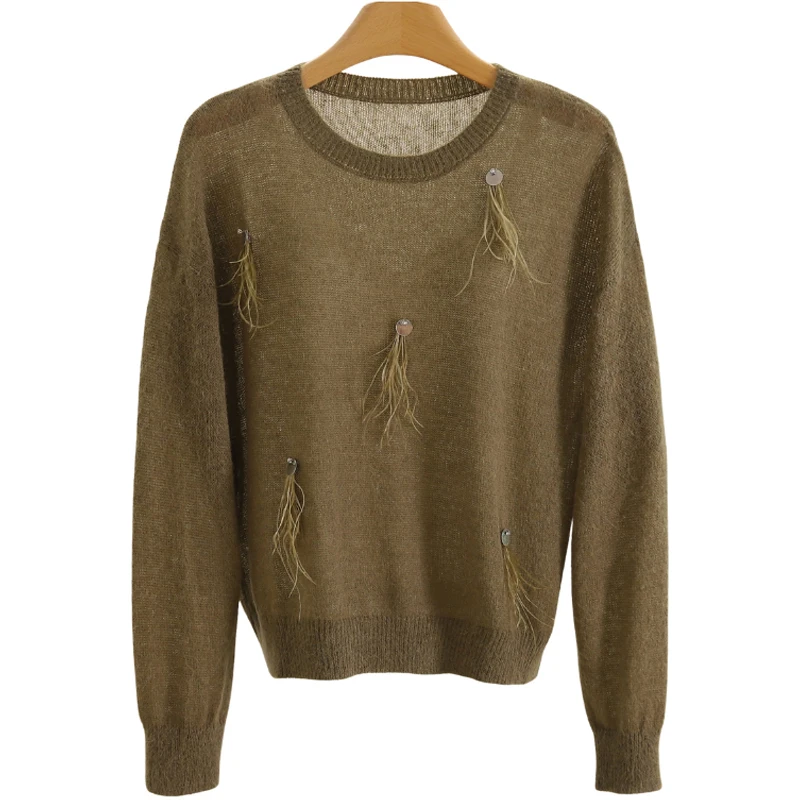 سترة محبوكة رقيقة بألوان نقية مزينة بالترتر، تصميم عصري شبابي، نمط كاجوال للتنقل اليومي، أكمام طويلة وياقة دائرية #4