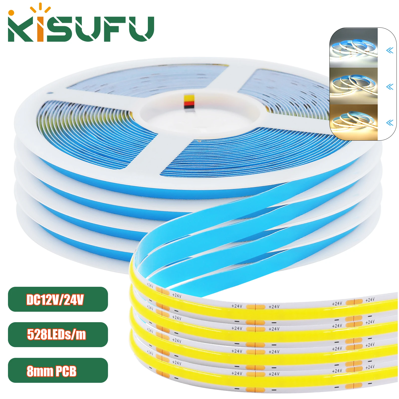 

12V 24V COB LED Strip Light High Density 528LED/m 8mm PCB RA90 Flexible LED Strip 3000K 4500K 6000K Dimmable Linear Light 2/10M